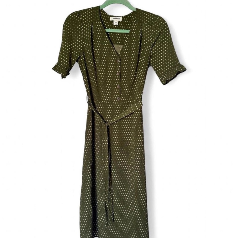Monteau Olive Green Dots Retro Midi Tie Waist Dress short flute sleeves - Small